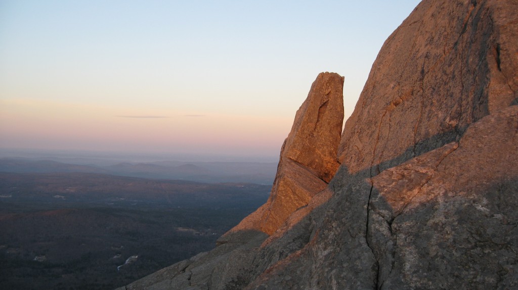 "The Spur", off of the White Dot Trail on the south east face of Monadnock's summit, captured in sunrise light, March 2012. Photo by Patrick Hummel