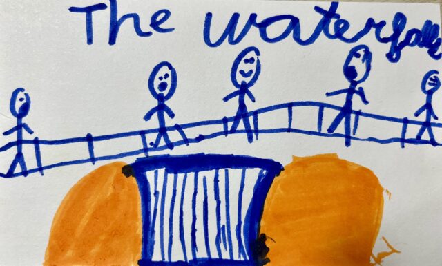 Kid's drawing of the Flume Gorge Medium: Waterfall