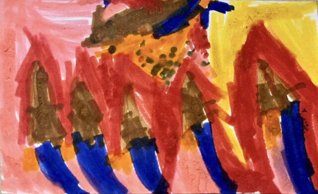 Kid's colorful drawing of volcanos
Medium: Marker