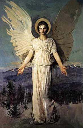 Abbott Thayer's painting, "The Angel of Monadnock." This was his image of the mountain's guardian angel and the Dublin view of the north side of Monadnock can be seen behind her.