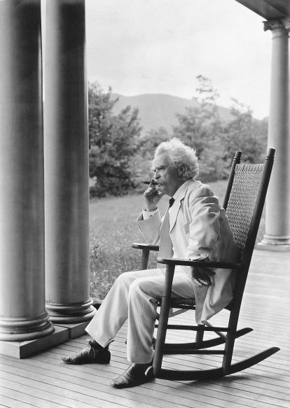 Mark Twain on the front porch of his Dublin, NH summer residence, 1906.
