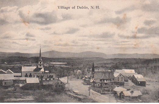 An old postcard of the Dublin village center. Those are the hills of Pack Monadnock in the background.