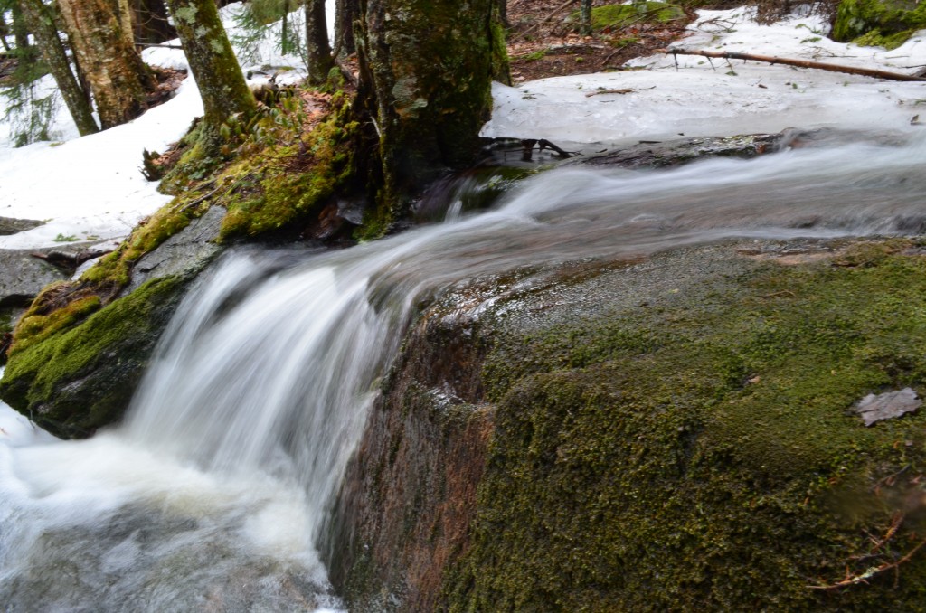 Sping in NH can still bring signs of winter. Snow can be seen by the side of Eveleth Brook next to Monadnock's Cascade Link. 04.11.13. Photo by Patrick Hummel