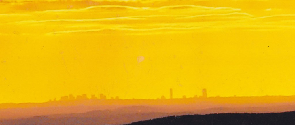 The Boston skyline at sunrise taken from Mount Monadnock. Date and photographer unknown.