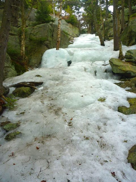 The seasonal ice flow on the White Arrow Trail. 04.16.13. Photo courtesy of Andrew Blake.