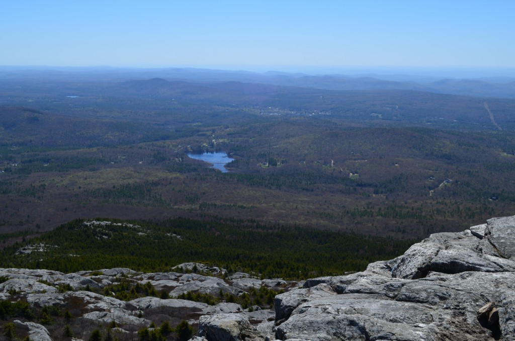 A view to the south from Monadnock's summit, including nearby Perkins Pond where Route 124 runs through the middle. 05.06.13. Photo by Patrick Hummel.