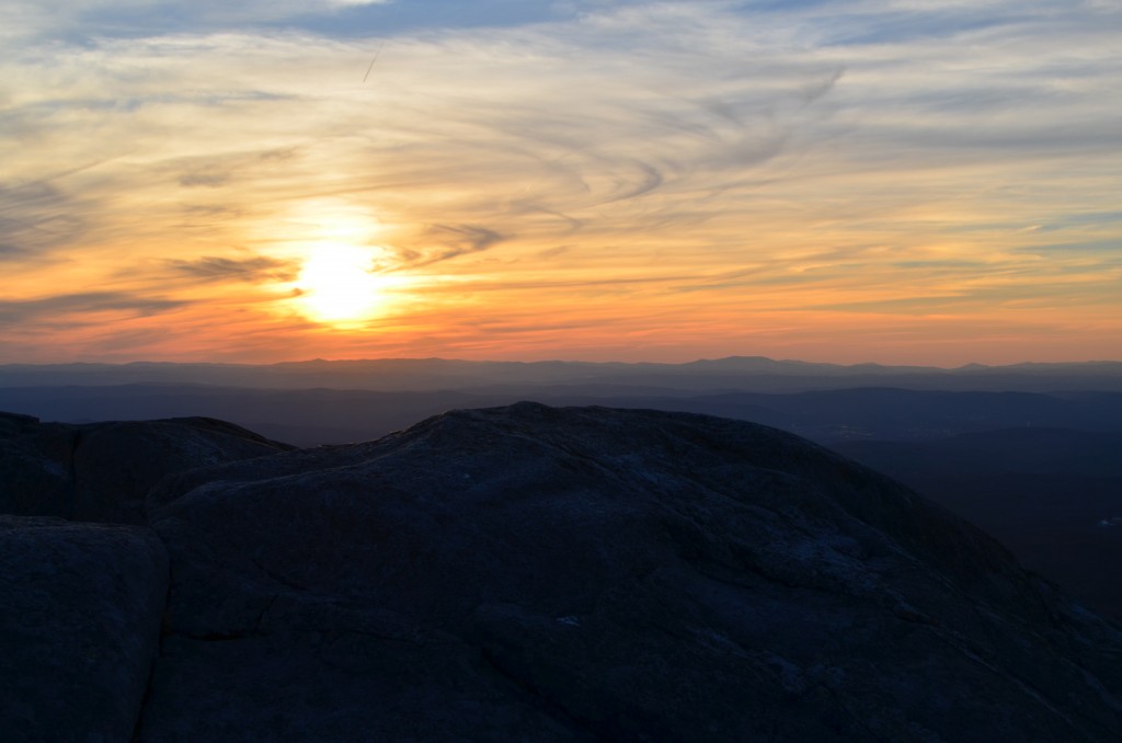 Thoreau and Blake were hopeful for a sunset on their first night, but found the conditions to be too hazy. This sunset from April of 2013 as viewed from Monadnock's summit. Photo by Patrick Hummel.