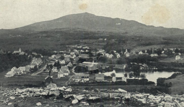 An old view of the town of Troy, NH and Mount Monadnock. 