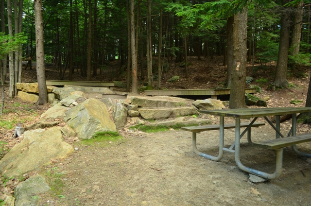One of the new campsites at the Gilson Pond Campground, including built in rock work and tent platforms. Site A17. Photo by Patrick Hummel.