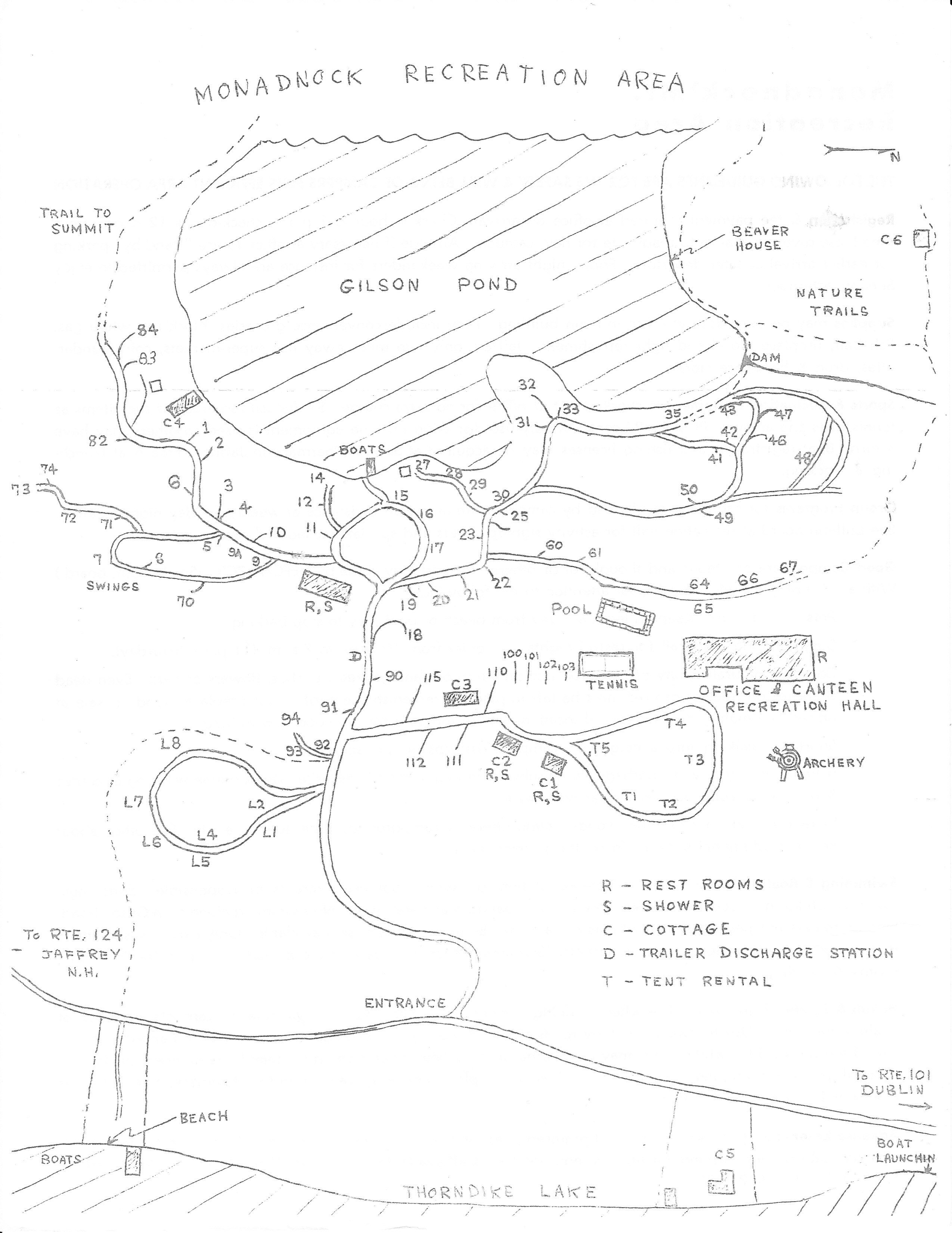 Here is an old map of the grounds of the "Monadnock Recreation Area" from the Monadnock State Park archives.