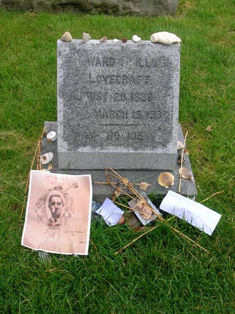 Lovecraft's grave at Swan Point Cemetery. From one of his letters, the tomb is inscribed with "I Am Providence". Photo by Patrick Hummel.