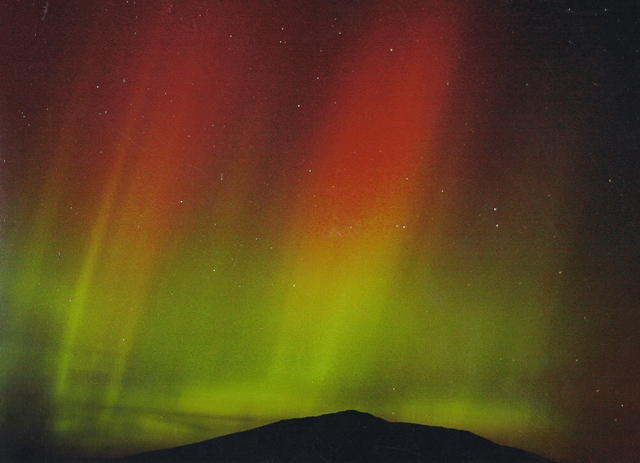 The Aurora Borealis seen over Monadnock, Haloween Eve 2003. Photograph courtesy of Paul Garcia.