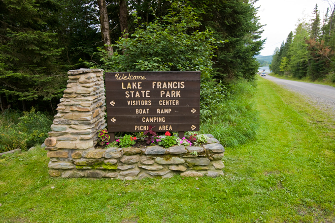 The entrance to Lake Francis State Park in Pittsburg, New Hampshire.
