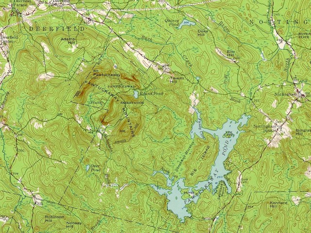 1957 USGS topographic map of Pawtuckaway Mountains and Pawtuckaway Lake area