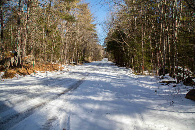 River Loop turns briefly onto the main gravel road before turning back into the woods and down toward Piscataquog River