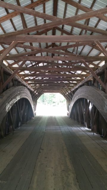 Inside a covered bridge.