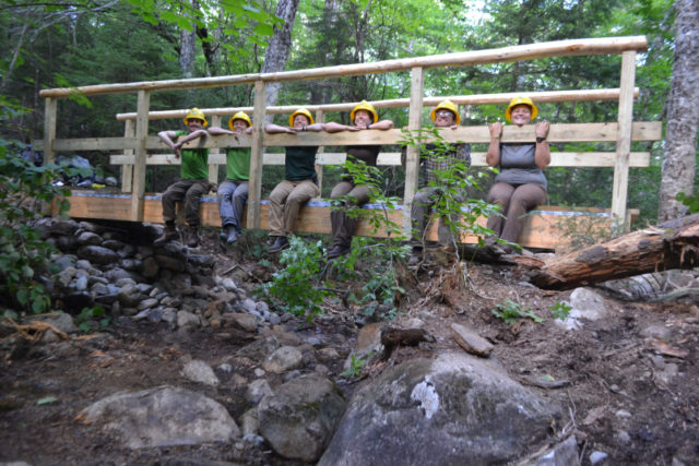 The happy crew on a completed bridge. From left to right: David Boxenbaum, Hollie Schultz, Megan Guy, Chrissie Edgeworth, Drake Deasley, and Aimee Posnanski