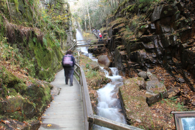Visitors walking through the Flume Gorge in fall
