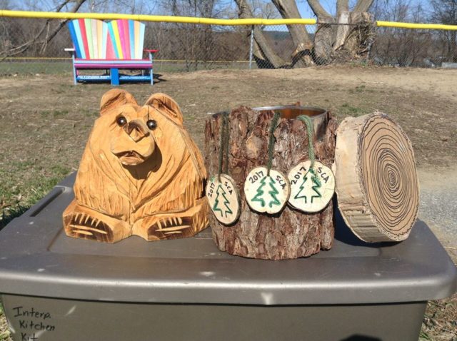 Tamsen the Bear had brought the tree cookie badges to the new Earth Stewards from the Wise Old Pine at Bear Brook State Park.