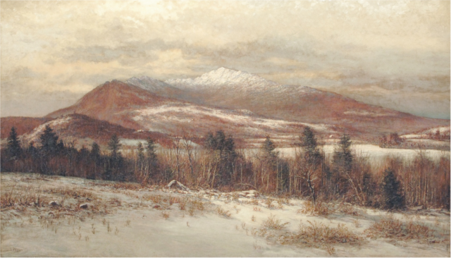 a snow-covered mountain surrounded by fields and forests.