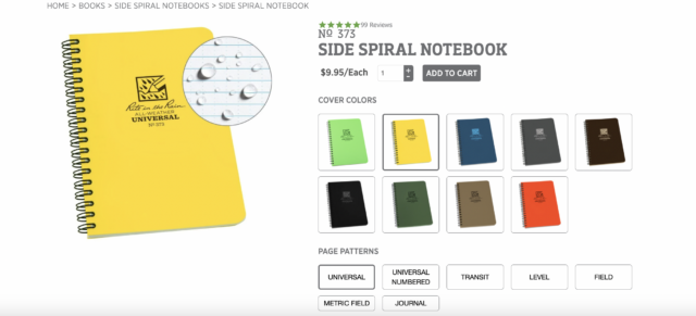 shopping page for a yellow, waterproof notebook.