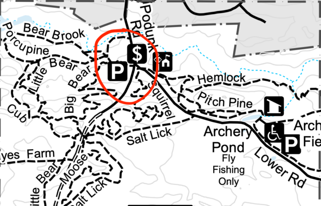 Map showing the parking area off Podunk Road. 