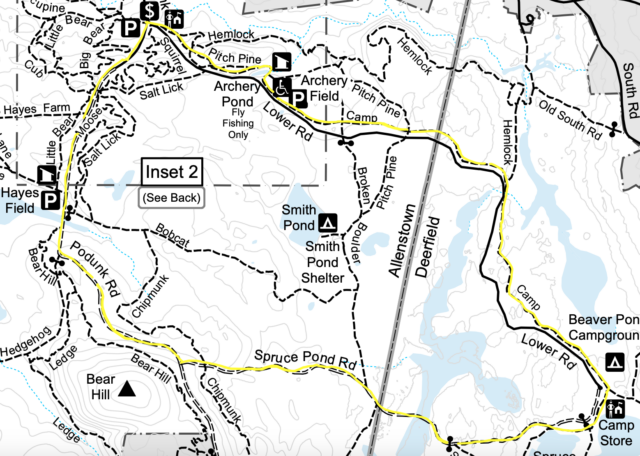 Map showing the route for Camp Trail - Spruce Pond - Podunk. 