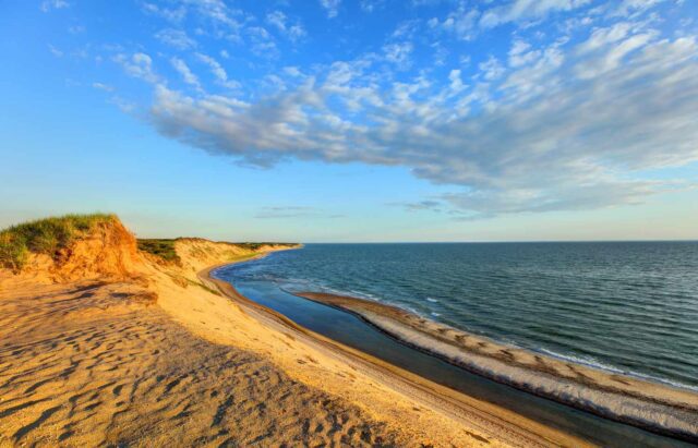 A landscape of a sandy beach and open ocean.