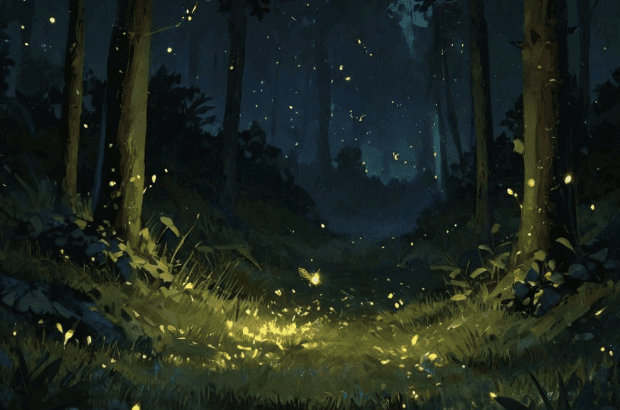 Depiction of the woods at night with fireflies or fairies?